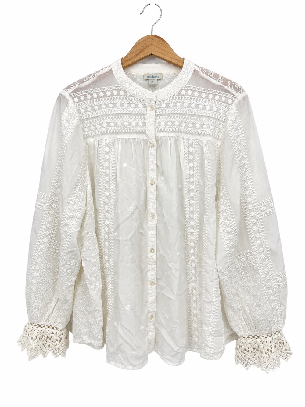 Sundance White Embroidered Lace Button Front Blouse Women’s XL Boho Cottagecore